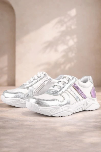 Rakerplus Hakiki Deri Gümüş Pembe Kalın Tabanlı Kız Çocuk Sneakers Ayakkabı ürün görseli 1
