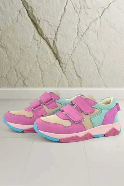 Rakerplus Hakiki Deri Fuşya Pembe Çocuk Sneakers Spor Ayakkabı ürün görseli 1