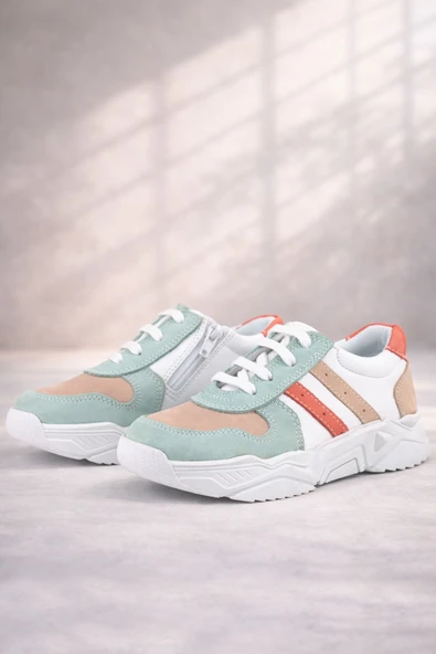 Rakerplus Hakiki Deri Yeşil Pembe Kız Çocuk Sneakers Ayakkabı ürün görseli 1