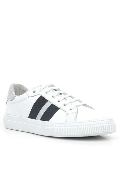 Hakiki Deri Beyaz Siyah Desenli Kadın Sneaker Ayakkabı ürün görseli 1