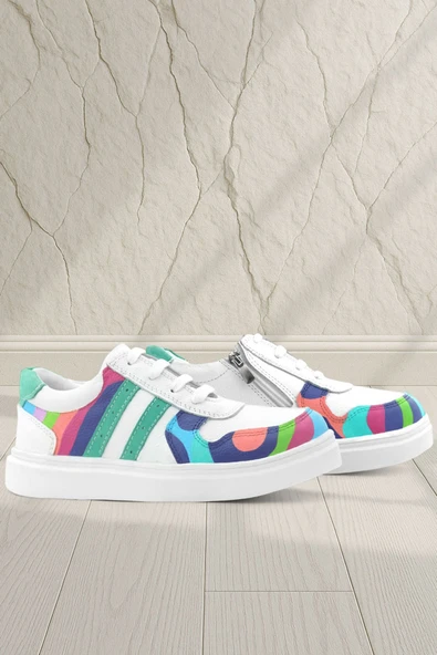 Rakerplus Tbons Özel Tasarım Hakiki Deri Beyaz Yeşil Bağcıklı Fermuarlı Çocuk Sneaker ürün görseli 1