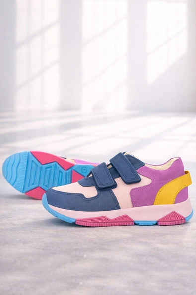 Rakerplus Hakiki Deri Lacivert Pembe Çocuk Sneakers Spor Ayakkabı ürün görseli 1