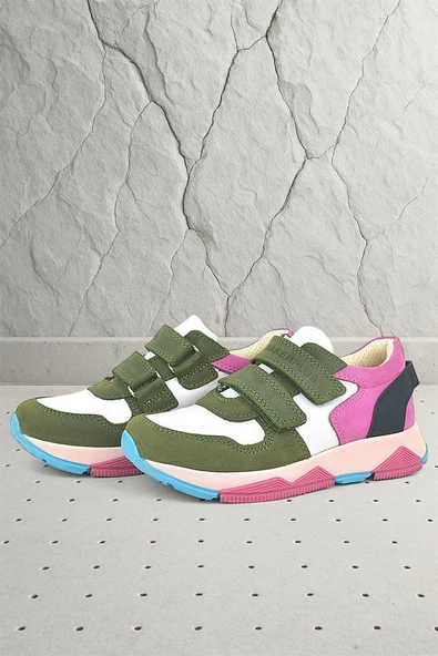 Rakerplus Hakiki Deri Yeşil Pembe Çocuk Sneakers Spor Ayakkabı ürün görseli 1