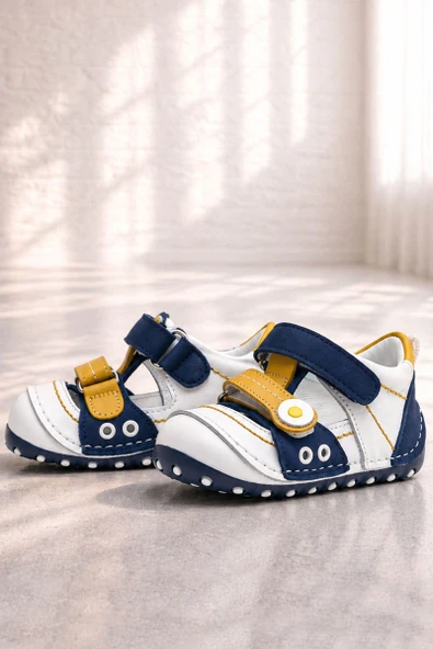 Hakiki Deri Sarı Lacivert Cırtlı Yazlık İlk Adım Ayakkabı ürün görseli 1