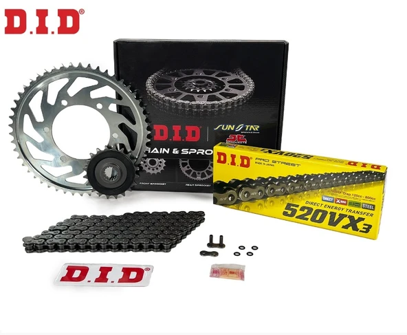 ZİNCİR DİŞLİ SETİ HUSQVARNA SVARTPILEN 250 cc ZİNCİR: DID-520VX3 Çelik-112 ÖN-ARKA DİŞLİ: JT14T-45T 2020-2023 ürün görseli 1
