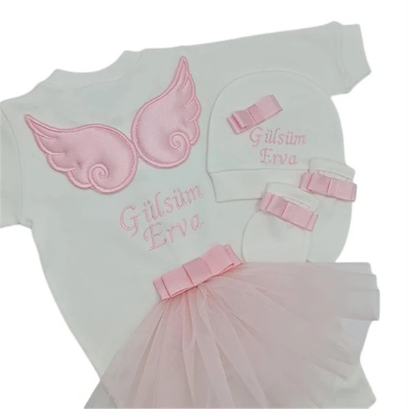 Melek Kanatlı Kız Bebek Hastane Çıkışı 3 lü Set Pembe ürün görseli 1