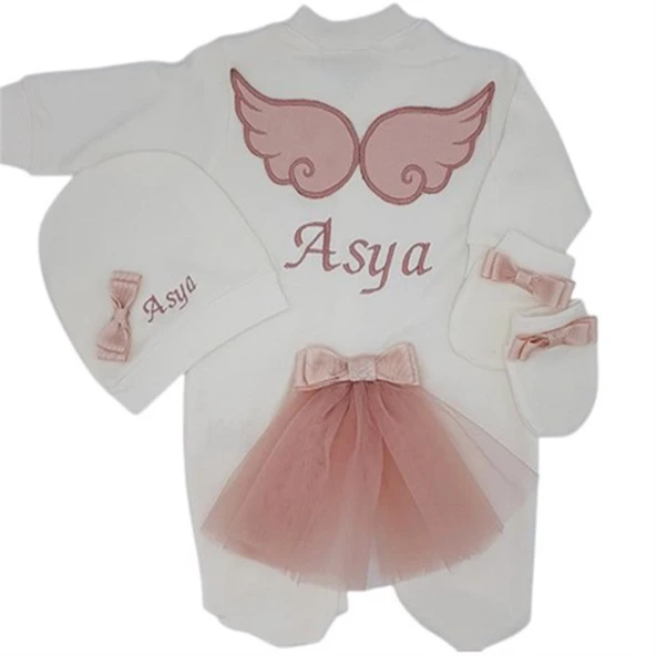 Melek Kanatlı Kız Bebek Hastane Çıkışı 3 lü Set Koyu Pudra ürün görseli 1