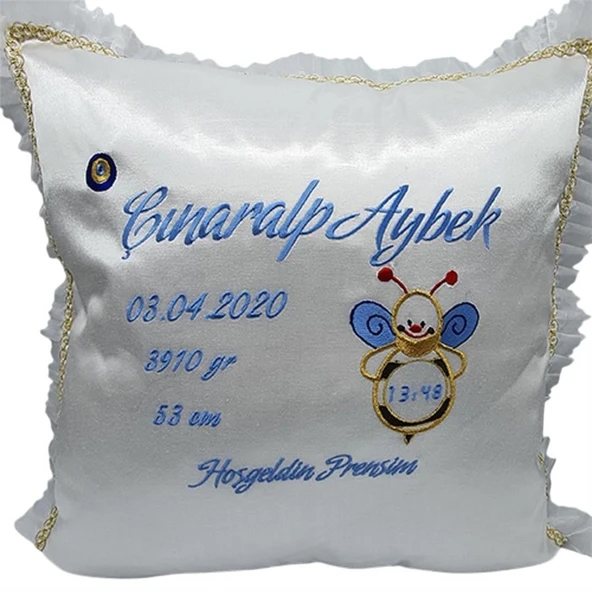 İsme Özel Bebek Yastığı Saten Arılı Ekru ürün görseli 1