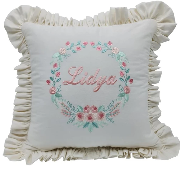 İsimli  Rococo Laruel Desenli Takı Yastığı Pudra  işlemeli Ekru 40x40 cm ürün görseli 1