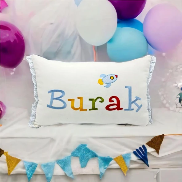 Kişiye Özel Nakışlı Roket Desenli Doğum Yastığı Beyaz 30x45 cm ürün görseli 1