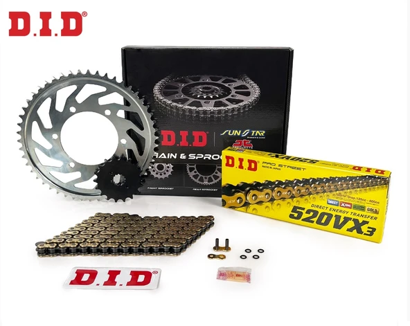 ZİNCİR DİŞLİ SETİ BAJAJ DOMINAR UG 400cc ZİNCİR: DID-520VX3 Gold-120 ÖN DİŞLİ: SUNSTAR 15T ARKA DİŞLİ: JT 45T 2017-2023 ürün görseli 1
