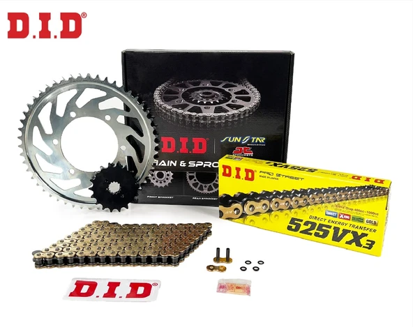 ZİNCİR DİŞLİ SETİ BMW F R 900cc ZİNCİR: DID-525VX3 Gold-122 ÖN DİŞLİ: SUNSTAR 17T ARKA DİŞLİ: JT 44T 2020-2022 ürün görseli 1
