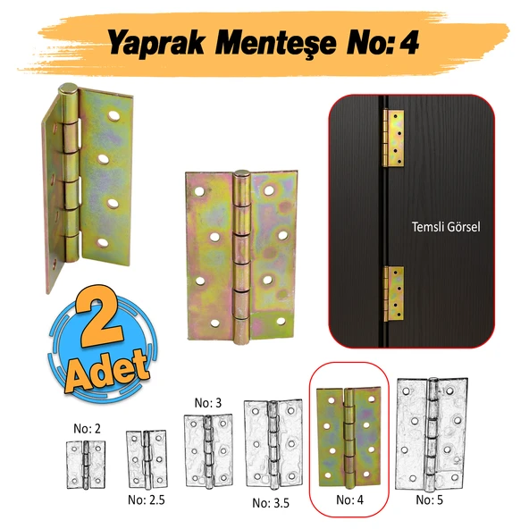 Metal Yaprak Menteşe 2 Adet Prinç Sarı No:4 Mobilya Pencere Kapı Dolap PVC Menteşesi İki Kanatlı ürün görseli 1