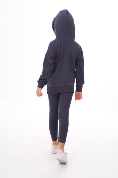 Toontoy Kız Çocuk 2'li Takım Baskılı Kapüşonlu Düşük Omuz Yırtmaçlı Sweatshirt & Basic Düz Tayt ürün görseli 1