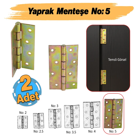 Metal Yaprak Menteşe 2 Adet Prinç Sarı No:5 Mobilya Pencere Kapı Dolap PVC Menteşesi İki Kanatlı ürün görseli 1