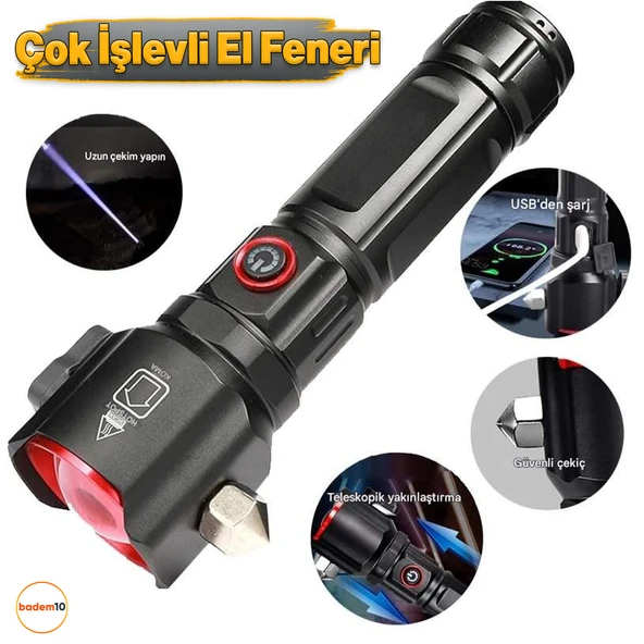 Şarjlı El Feneri | Yüksek Güçlü LED Işık | USB ile Şarj Edilebilir | Su Geçirmez Metal Gövde | Zoom Özellikli ürün görseli 1