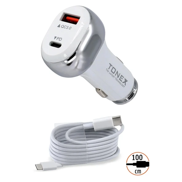 Tonex TA-41W PD + USB-A Type-C to Type-C Kablolu Araç İçi Şarj Aleti ürün görseli 1