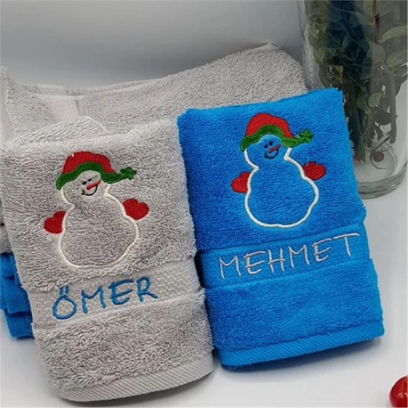 İsimli Yılbaşı Havlusu 2 li Set Kardan Adan Gri Mavi 30x50cm ürün görseli 1