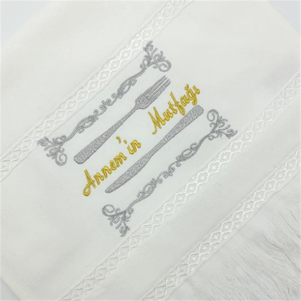 Nakışlı Kadife Beyaz El Havlusu Annemin Mutfağı 30x50 Cm ürün görseli 1