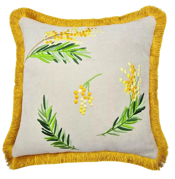 Mimoza Desenli Kadife  Ekru - Hardal Püsküllü Yastık 40x40 ürün görseli 1