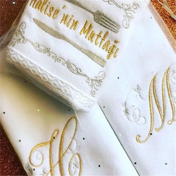 Kişiye Özel Nakışlı Kadife Beyaz El Havlusu 3 lü Set 30x50 Cm ürün görseli 1