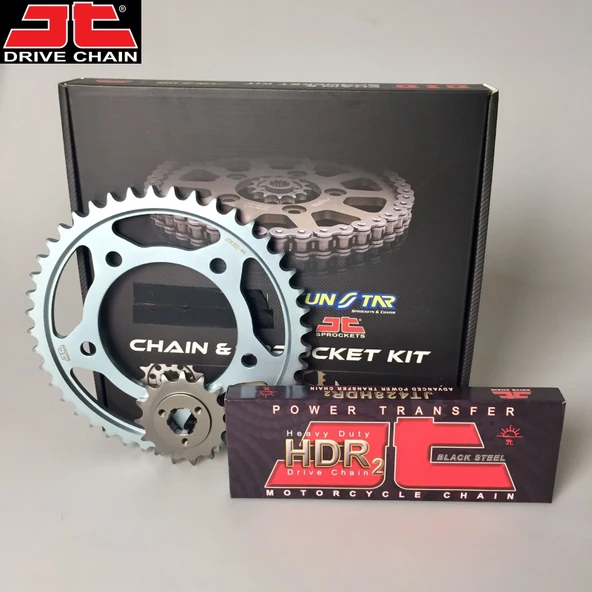 ZİNCİR DİŞLİ SETİ YAMAHA XT R 125cc ZİNCİR: JT-428HDR ÇELİK-128 ÖN DİŞLİ: SUNSTAR 14T ARKA DİŞLİ: JT 50T 2005-2011 ürün görseli 1