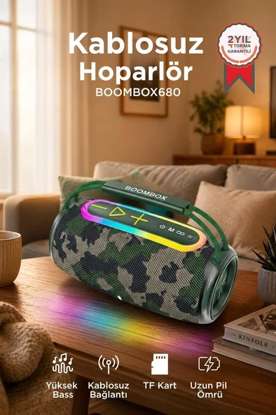 Bluetooth Hoparlör IPX6 Kablosuz 30W Speaker BOOMBOX680 Yeşil Kamuflaj ürün görseli 1
