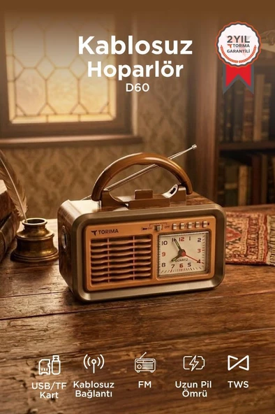 Bluetooth Hoparlör Nostaljik Radyo Kablosuz Speaker D60 Ahşap ürün görseli 1