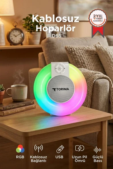 Bluetooth Hoparlör Rgb Işıklı Kablosuz Speaker D65 Beyaz ürün görseli 1