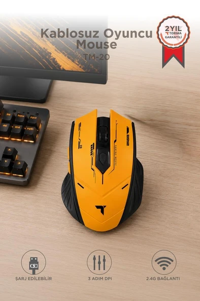 Mouse Çift Modlu Sessiz Kablosuz Oyuncu Fare TM20 Siyah Sarı ürün görseli 1
