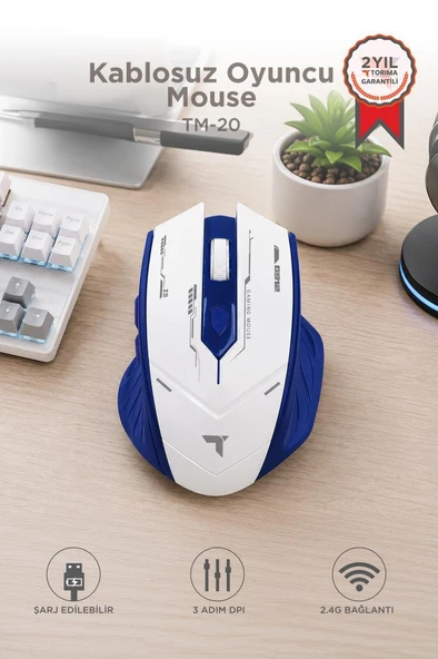 Mouse Çift Modlu Sessiz Kablosuz Oyuncu Fare TM20 Beyaz Mavi ürün görseli 1