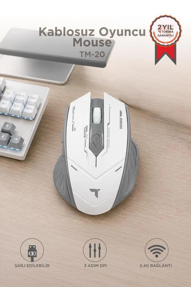 Mouse Çift Modlu Sessiz Kablosuz Oyuncu Fare TM20 Beyaz Gri ürün görseli 1