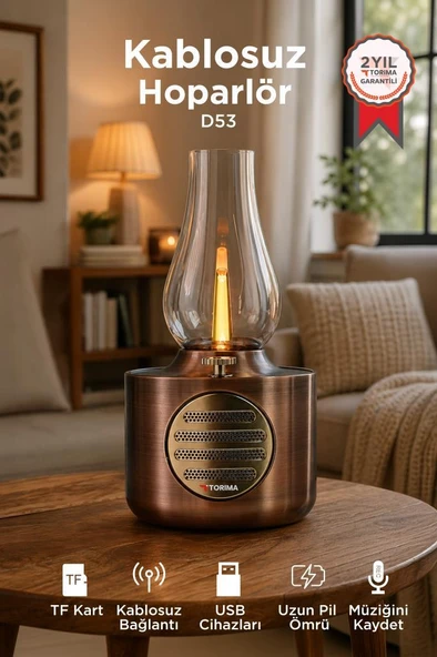 Bluetooth Hoparlör Vintage Gaz Lambası Işıklı Şarjlı Speaker D53 Bakır ürün görseli 1