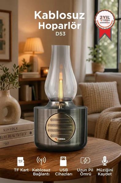 Bluetooth Hoparlör Vintage Gaz Lambası Işıklı Şarjlı Speaker D53 Nikel ürün görseli 1
