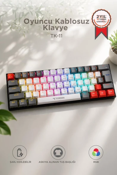 Oyuncu Klavyesi Rgb Işıklı Mekanik Şarjlı Kablosuz Blue Switch Q Klavye TK11 Beyaz ürün görseli 1