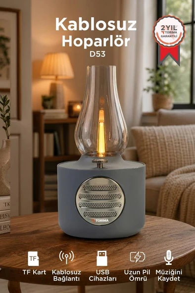 Bluetooth Hoparlör Vintage Gaz Lambası Işıklı Şarjlı Speaker D53 Gri ürün görseli 1
