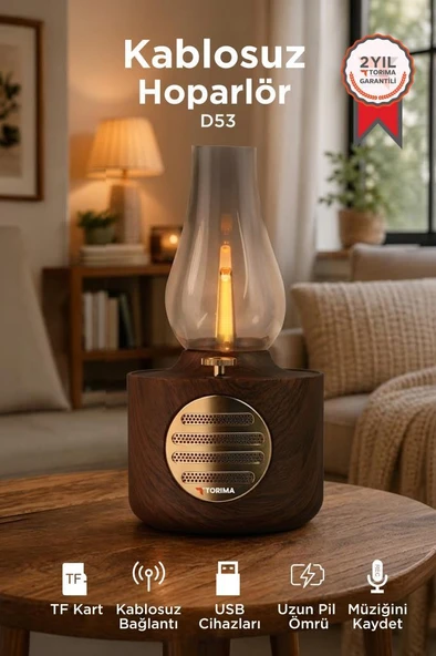 Bluetooth Hoparlör Vintage Gaz Lambası Işıklı Şarjlı Speaker D53 Ahşap ürün görseli 1