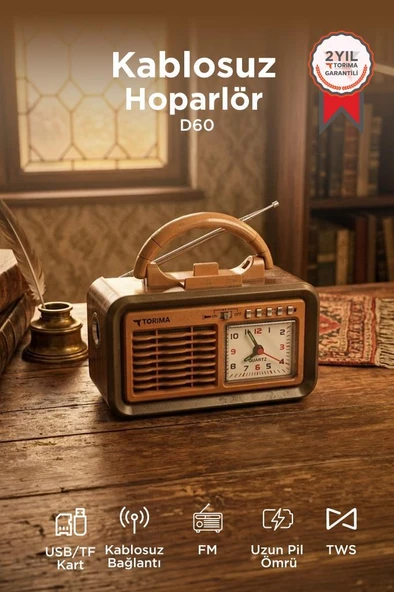 Bluetooth Hoparlör Nostaljik Radyo Kablosuz Speaker D60 Kahverengi ürün görseli 1