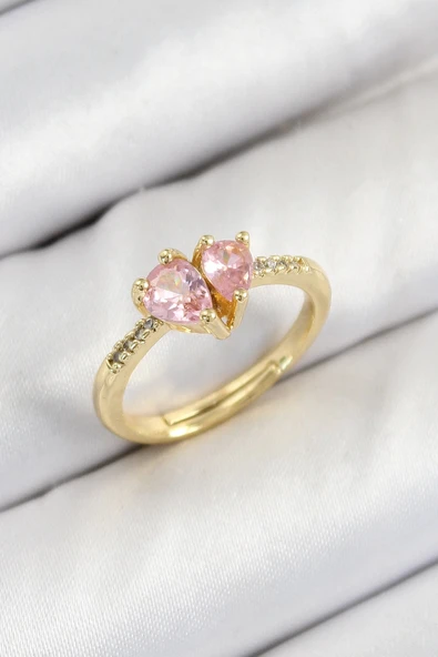 Mey İthalat® Pirinç Zirkon Taşlı Pembe Kalp Model Gold Renk Kadın Yüzük ürün görseli 1
