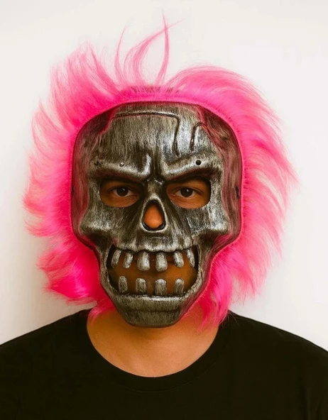 Mey İthalat® Wild Skull - Gümüş Kafatası Pembe Saçlı İskelet Maske ürün görseli 1