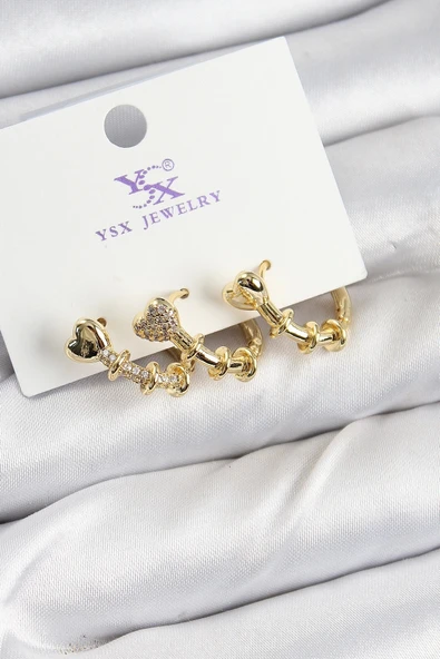 Mey İthalat® Pirinç Zİrkon Taşlı Kalp Model Gold Renk 3'lü Kadın Küpe ürün görseli 1