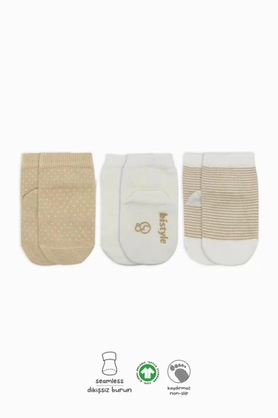 Mey İthalat®  Puanlı Kaymaz Penye Soket Çorap 3'Lü BS10108 Bej ürün görseli 1