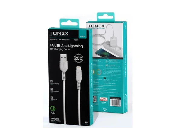 Tonex Usb To Lightning 4A 20w Şarj Data Kablosu 1m - MA70 ürün görseli 1