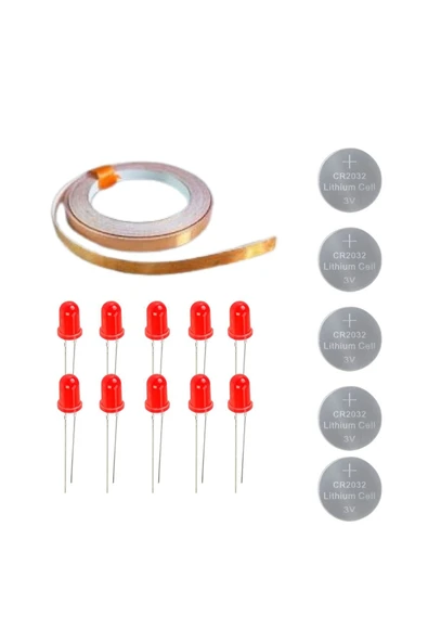 Fapatech Bakır Folyo İletken Bant ,Cr2032 Lityum Pil ,5mm LED Seti – Kağıttan Devre Kit ürün görseli 1