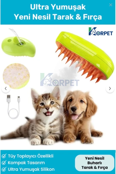 KorPet Yeni Nesil Şarjlı Buharlı Kedi & Köpek Tarağı Silikon Tüy Toplayıcı Yıkama Fırçası 1 adet ürün görseli 1