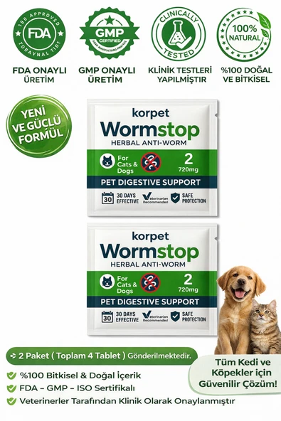 KorPet Bitkisel & Leziz Kedi Ve Köpek Parazit Tableti Worm Stop Herbal Anti-worm 4 Adet Tablet ürün görseli 1
