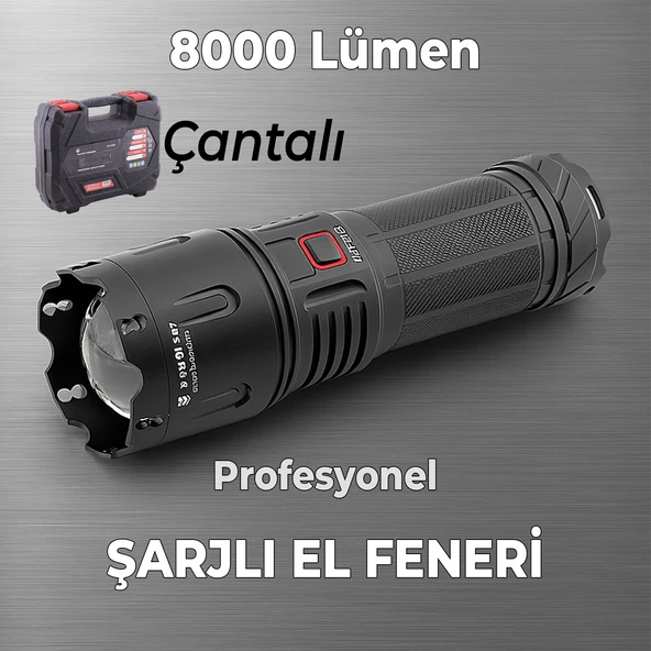 El Feneri 8000 Lümen 80W Zoomlu Uzun Menzil Şarjlı Powerbank Ledli Işık Lambası Su Geçirmez Kamp ürün görseli 1