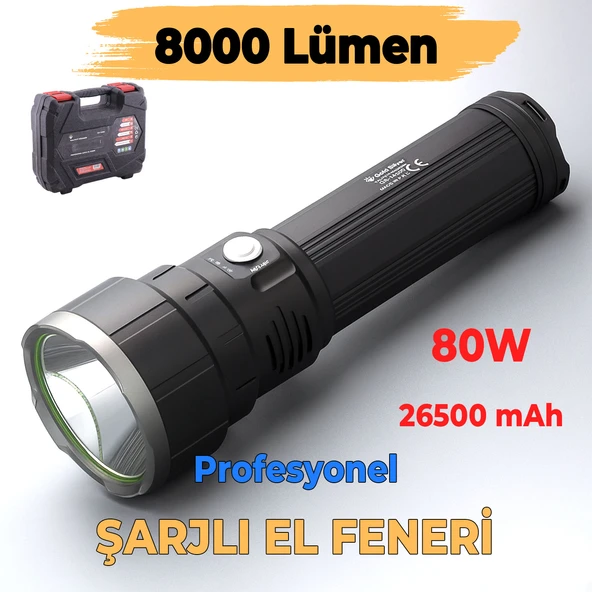 El Feneri 8000 Lümen 80W Uzun Menzil Metal Kasa Şarjlı Powerbank Ledli Işık Lambası Su Geçirmez Kamp ürün görseli 1