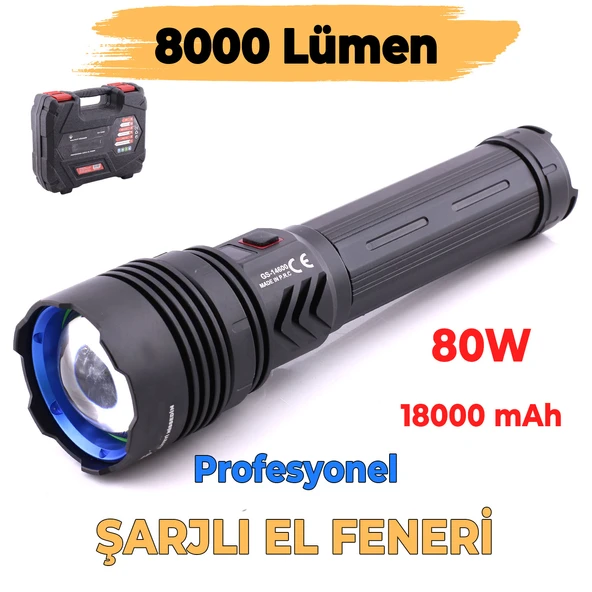 El Feneri Metal Kasa 8000 Lümen 80W Zoomlu Uzun Menzil Şarjlı Powerbank Ledli Işık Lambası Kamp ürün görseli 1