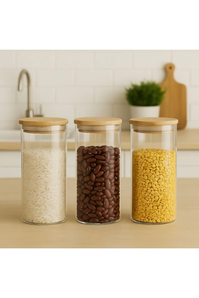 Blissra 3'lü Borosilikat Cam Bakliyatlık Seti, Bambu Vakum Kapaklı 18 cm, çap:8 cm 900ml ürün görseli 1